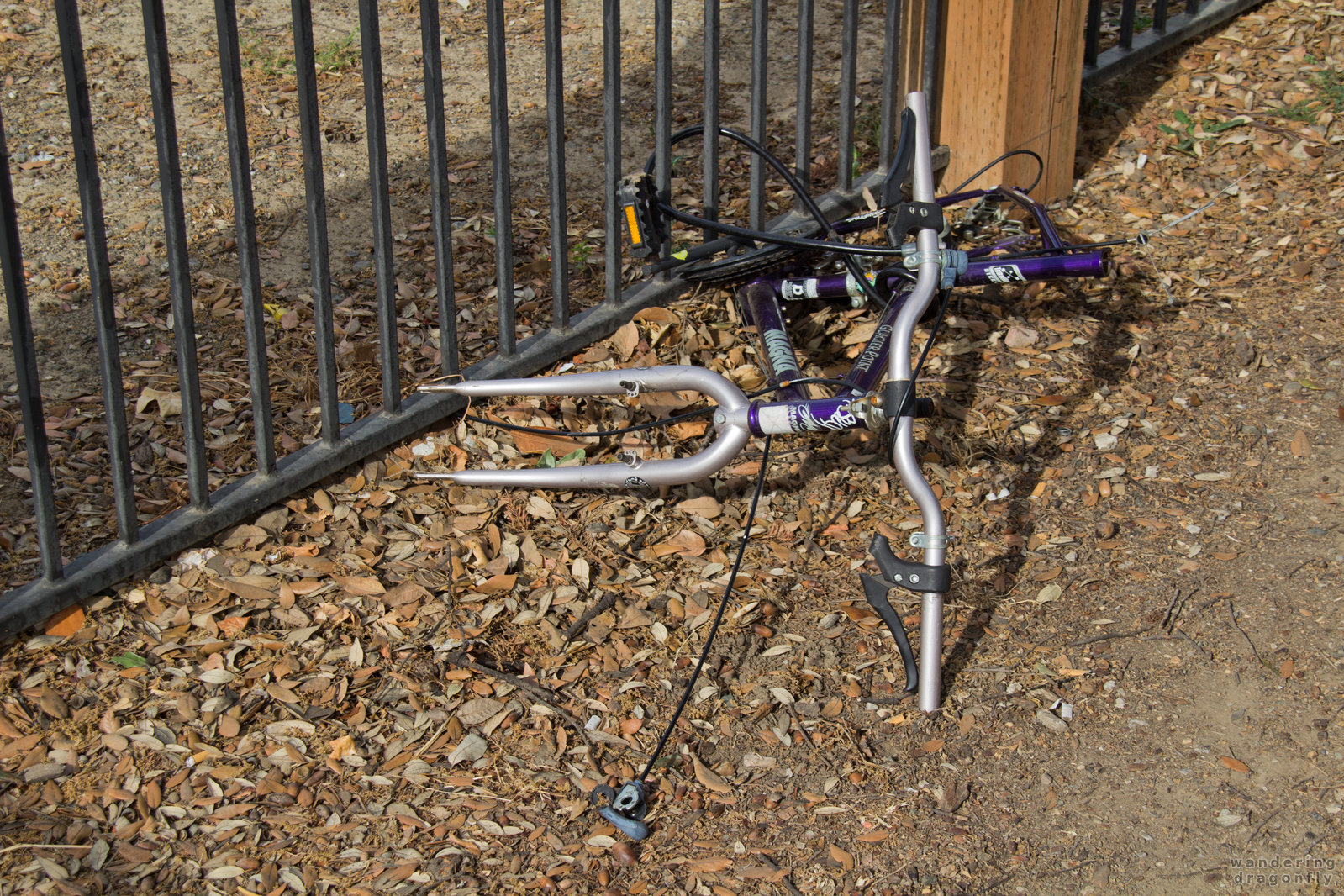 Bicycle thieves got the movable parts -- bicycle, bicycle wreck, fence