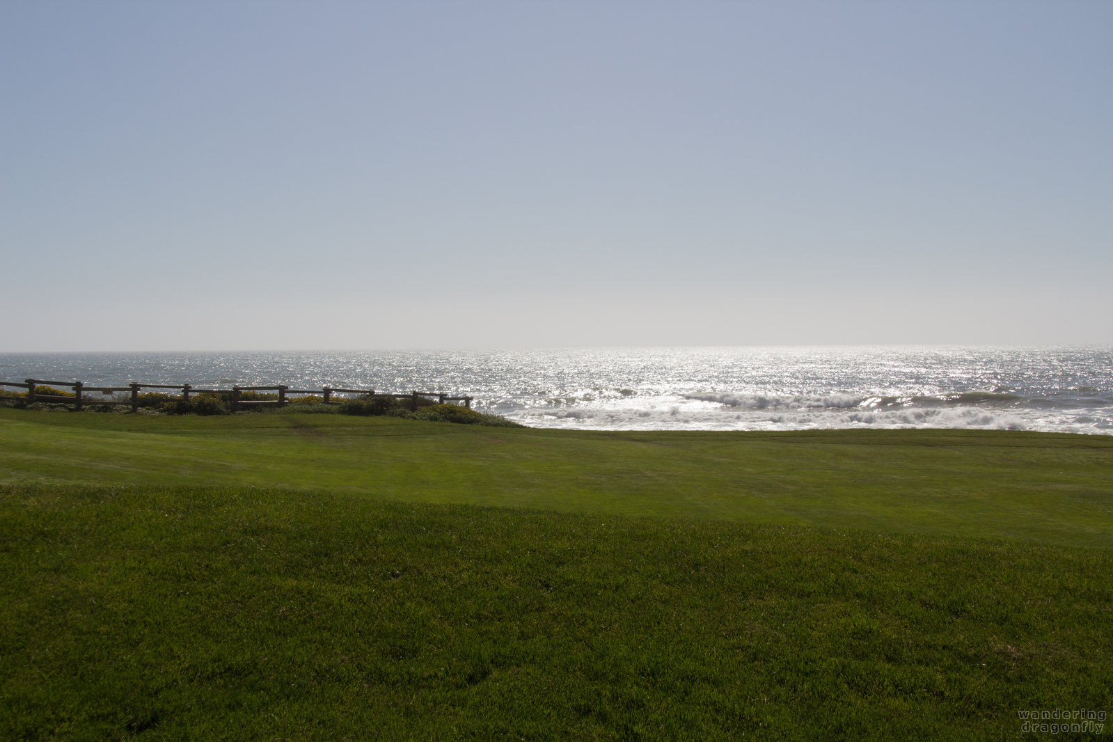 Who wouldn't play golf here? -- grass, green, ocean, sunlight