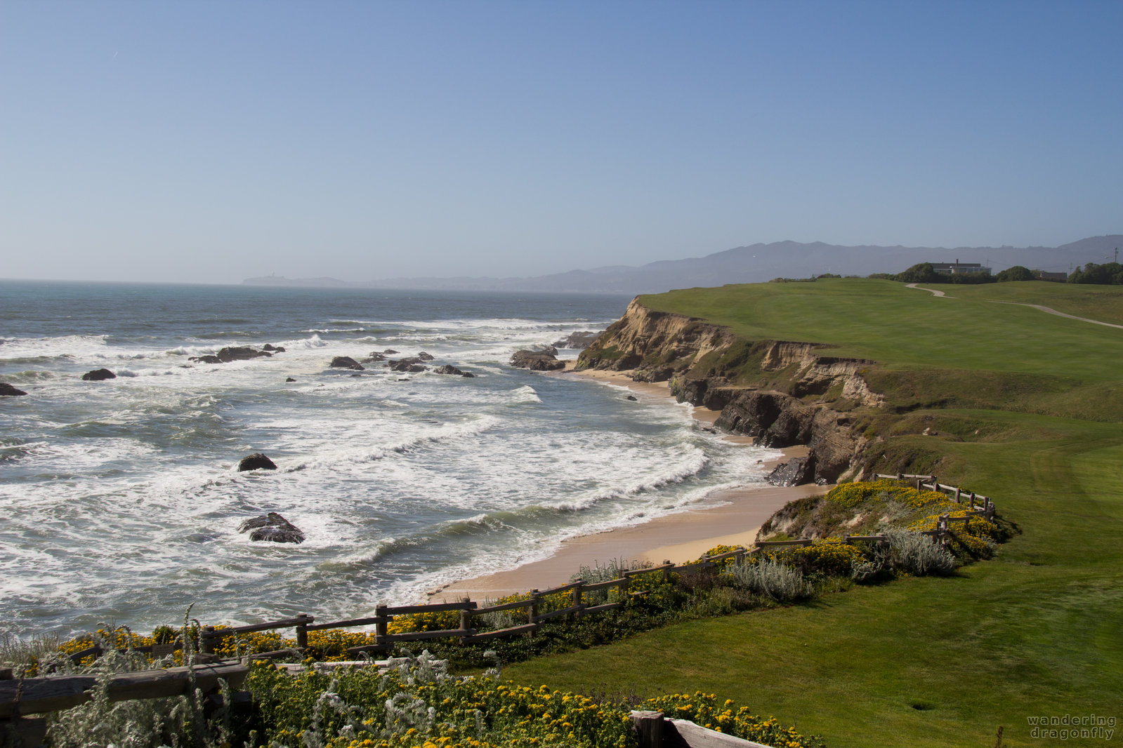 Stunning beach panorama -- beach, grass, ocean, sand, vista