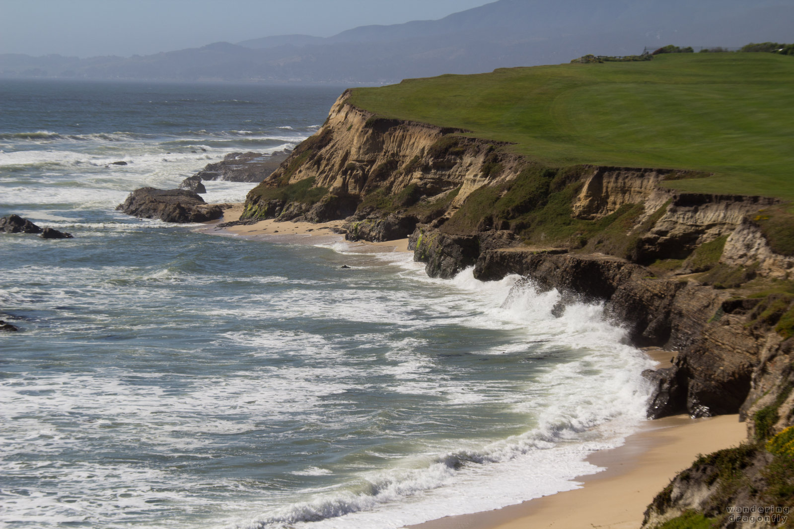 Ocean waves -- beach, grass, ocean, rock, sand, wave