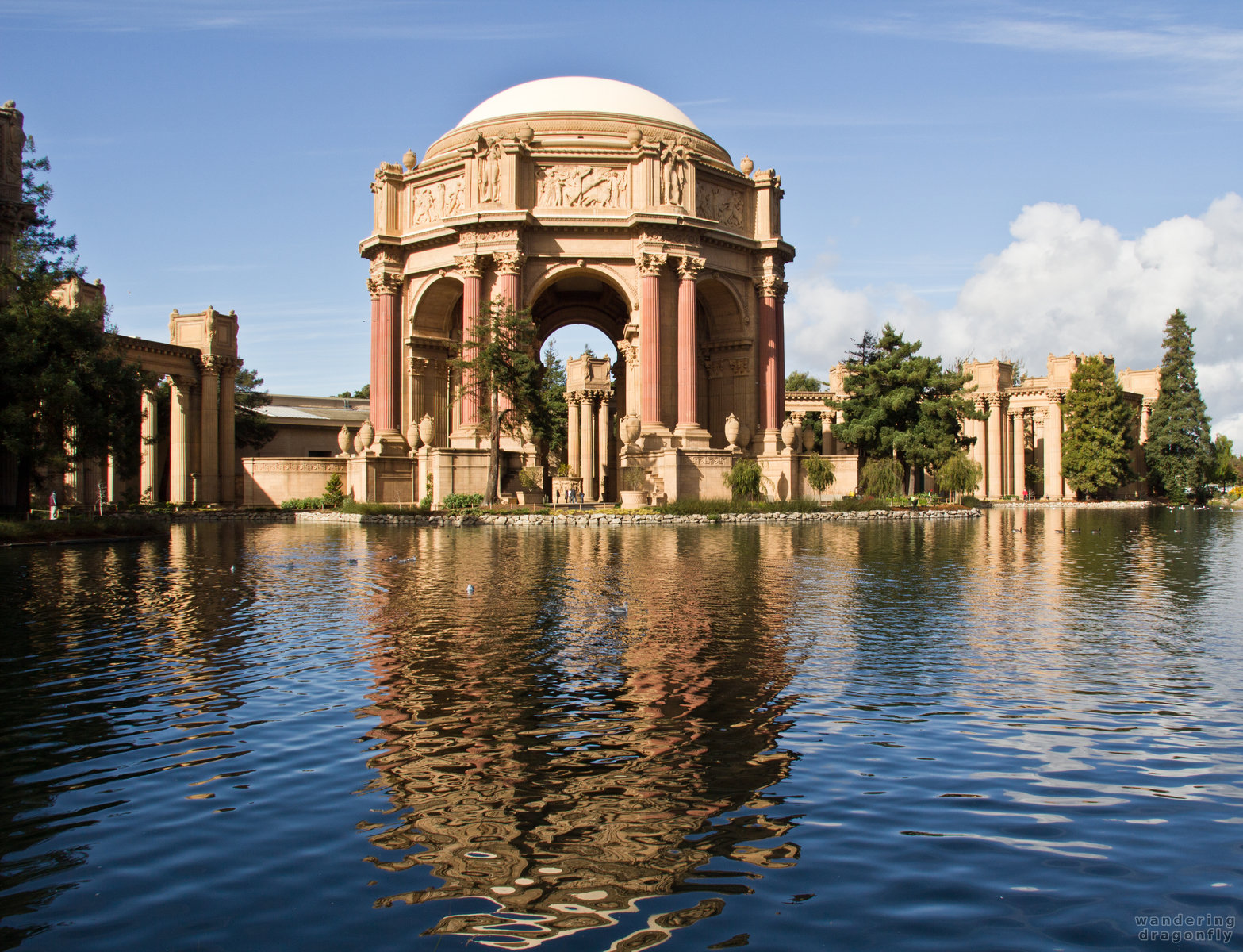 Reflection of the rotunda -- building, pillar, pond, reflection, sculpture, tree