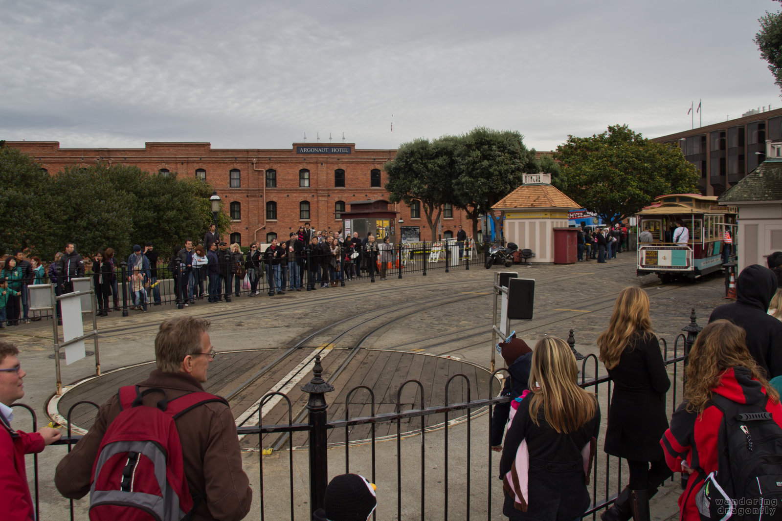 The Friedel Klussmann memorial turnaround -- cable car, street, tourist