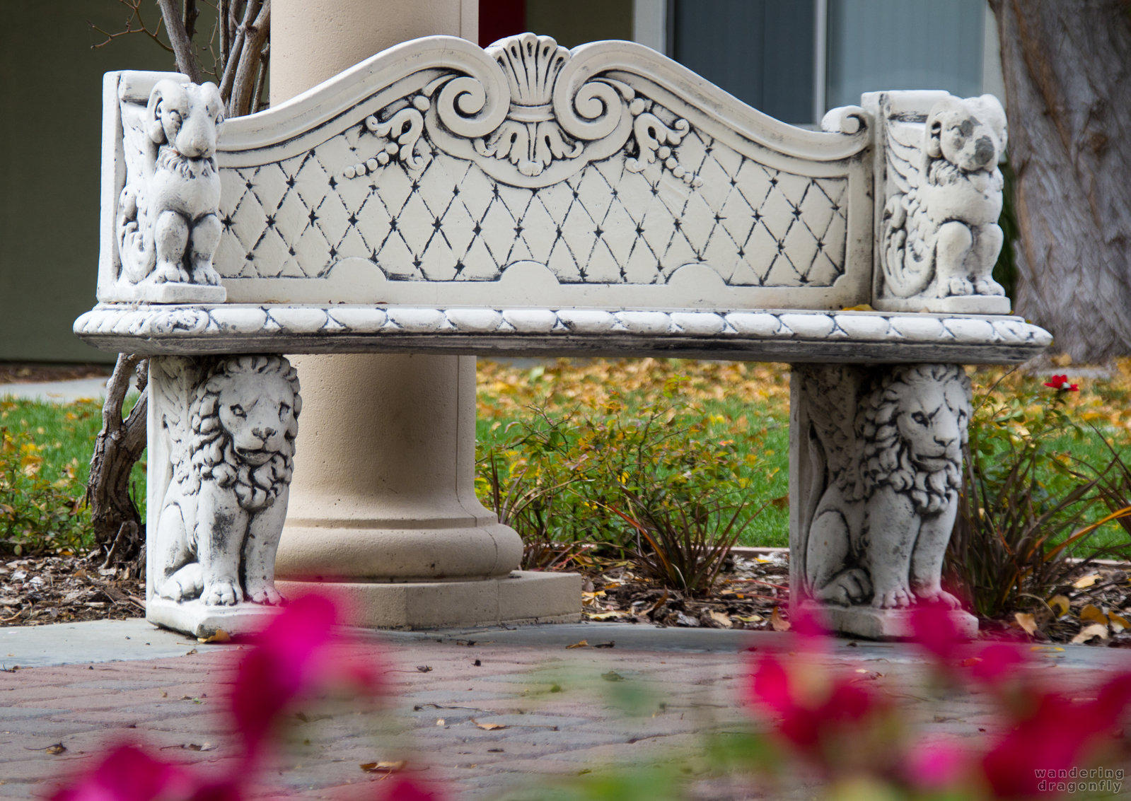 Bench with lions -- autumn, bench, gazebo, lion