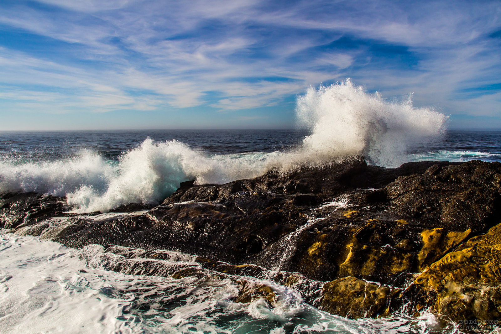 Crashing wave -- cloud, crashing wave, ocean, rock, sky, water drops, wet cliff