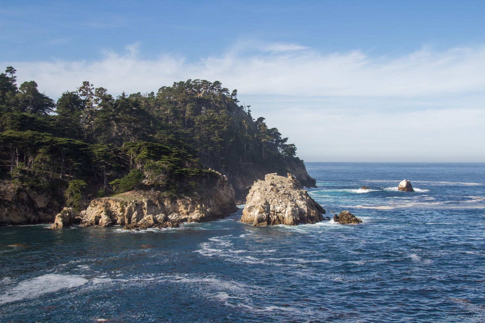 Guillermot Island as seen from Cannery Point -- cliff, forest, ocean, rock, sky, tree, water