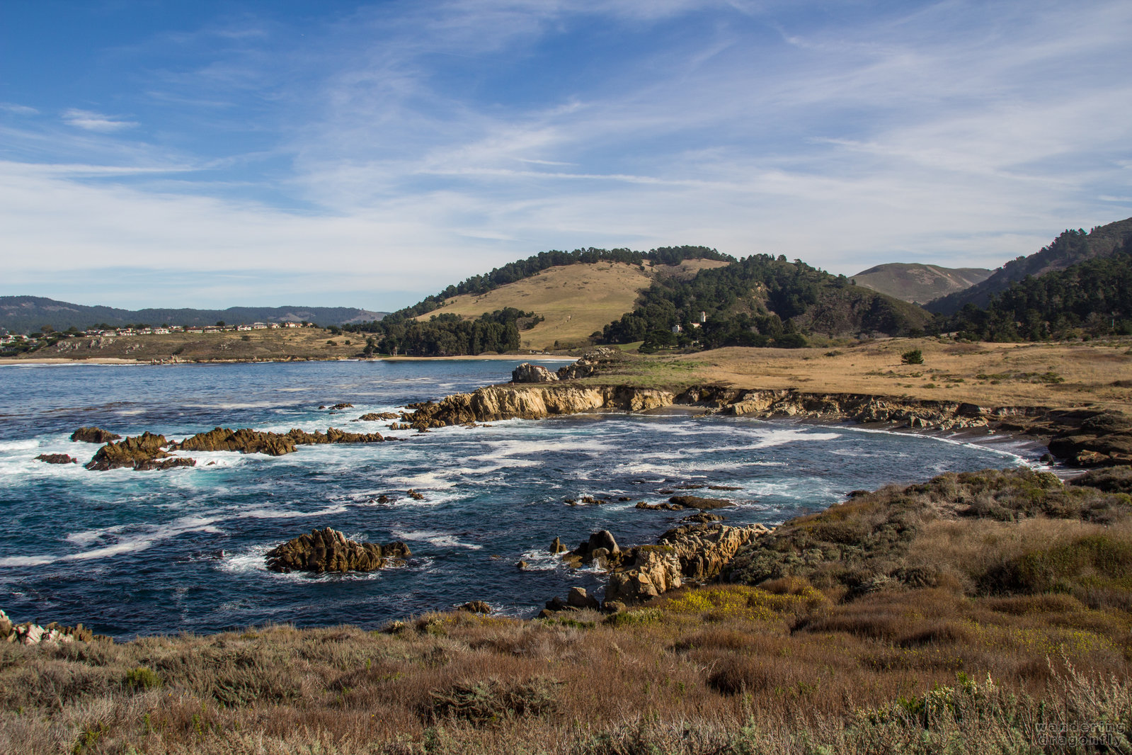 Moss Cove and the Monastery Beach -- beach, cove, meadow, ocean, rock, water