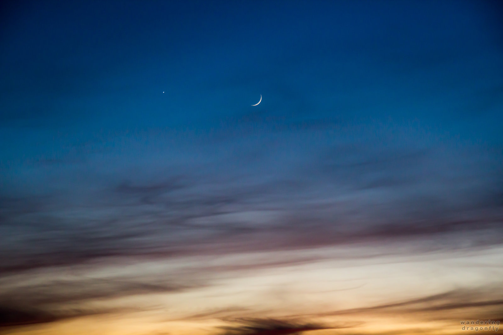 Crescent moon at sunset with the Venus -- blue, moon, purple, sunset, venus, white