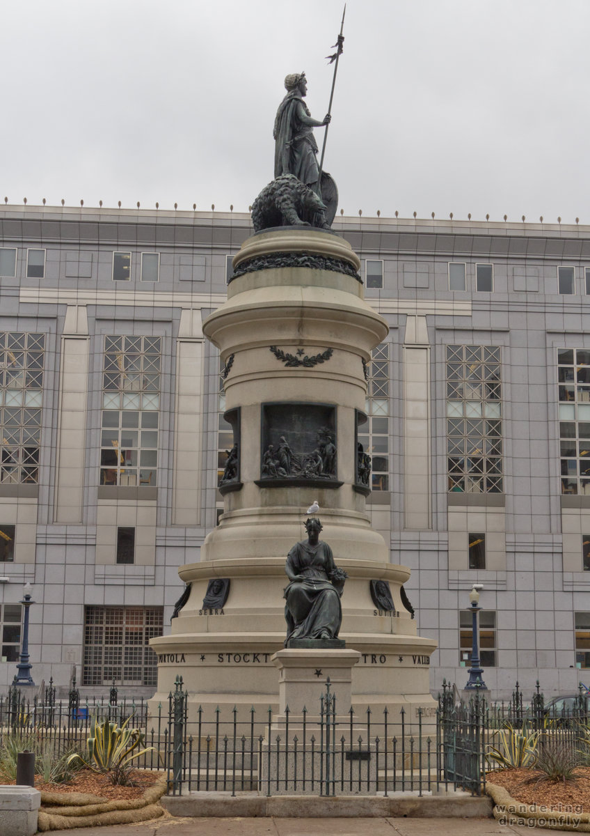 The center column of the Pioneer Monument -- building, statue