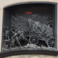 Crossing the Sierra; relief on the Pioneer Monument with a touch of 'modern art'.