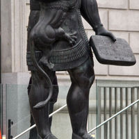 The statue of Ashurbanipal faces the San Francisco Library. He was an Assyrian king, who established the first systematically organized library in the ancient Middle East, the Library of Ashurbanipal, which survives in part today at Nineveh.