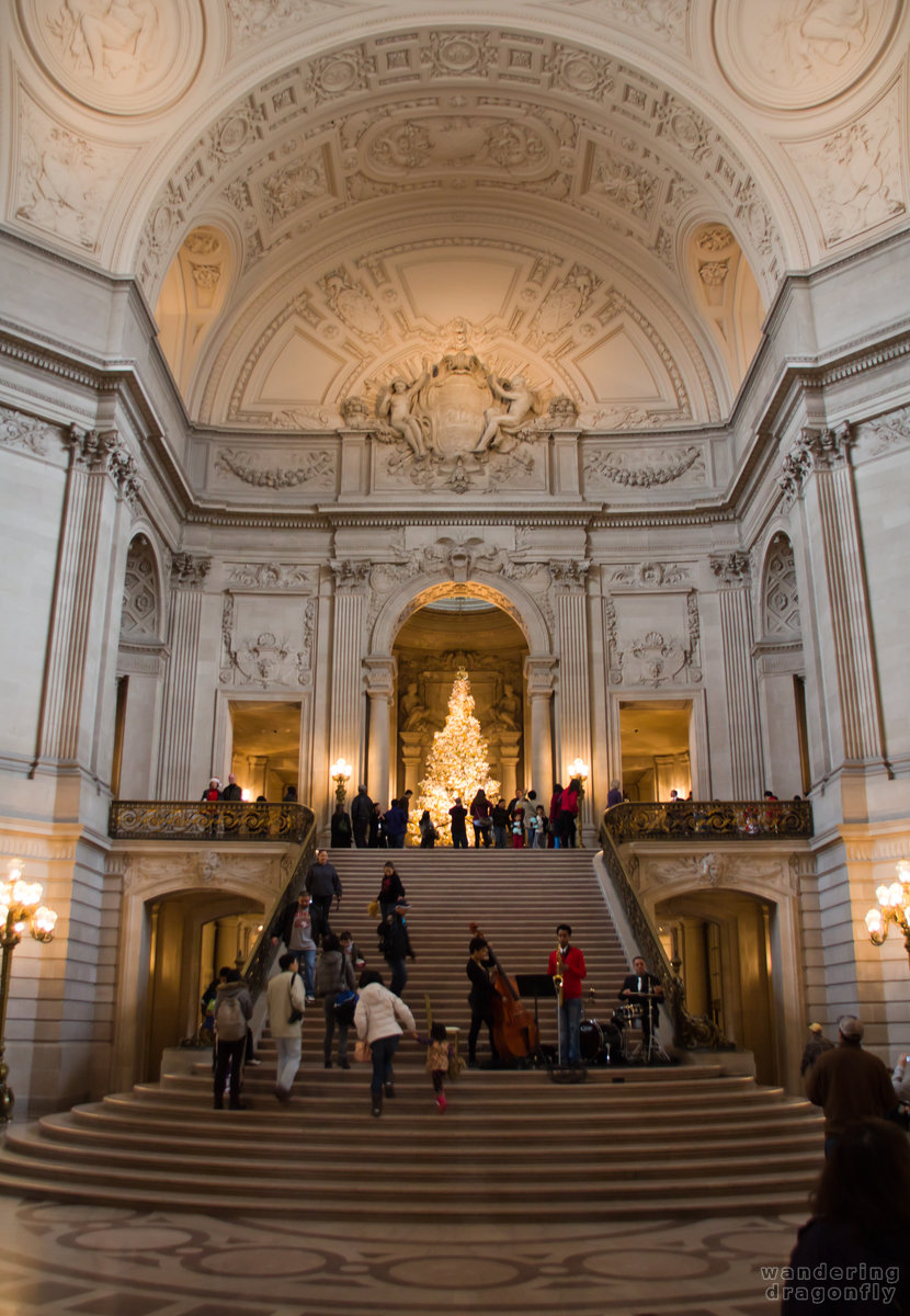 Grand Staircase of the San Francisco City Hall -- christmas decoration, people, relief, stairs
