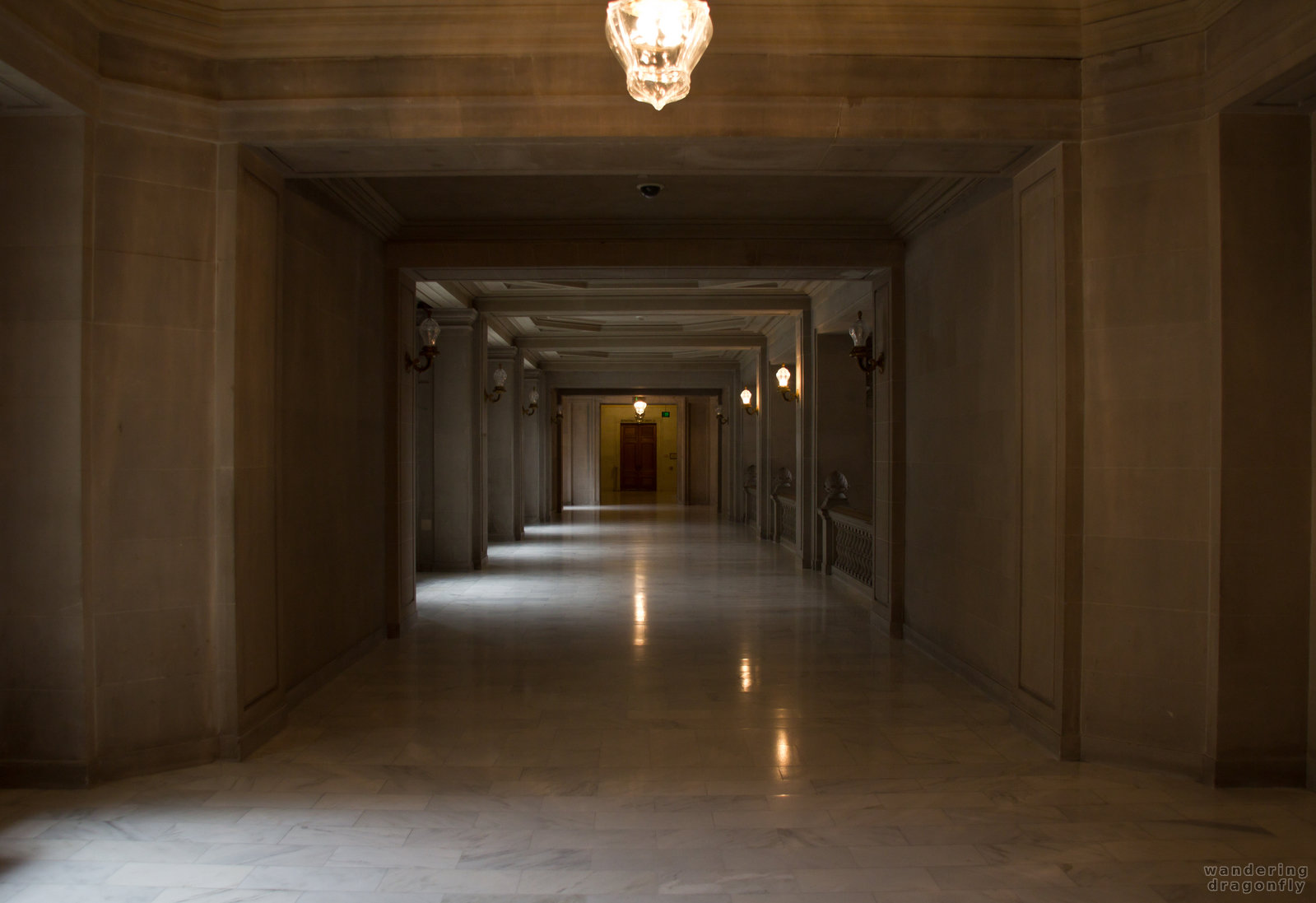 Side-gallery of the City Hall -- door, lamp