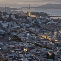 With the Golden Gate Bridge in the background, looking from Coit Tower.