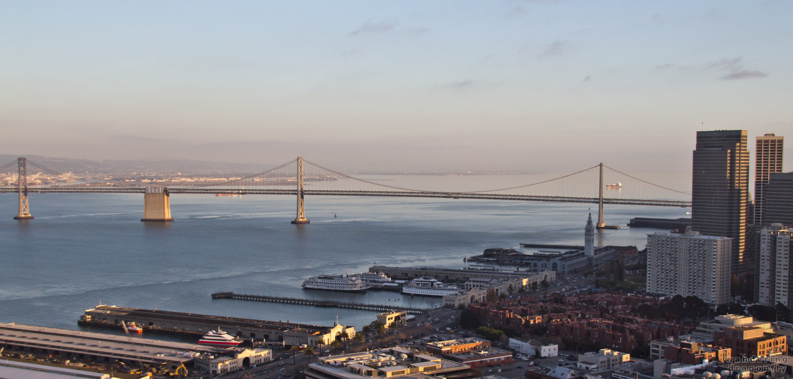 The Bay Bridge in the afternoon -- bridge, pier, vista, water