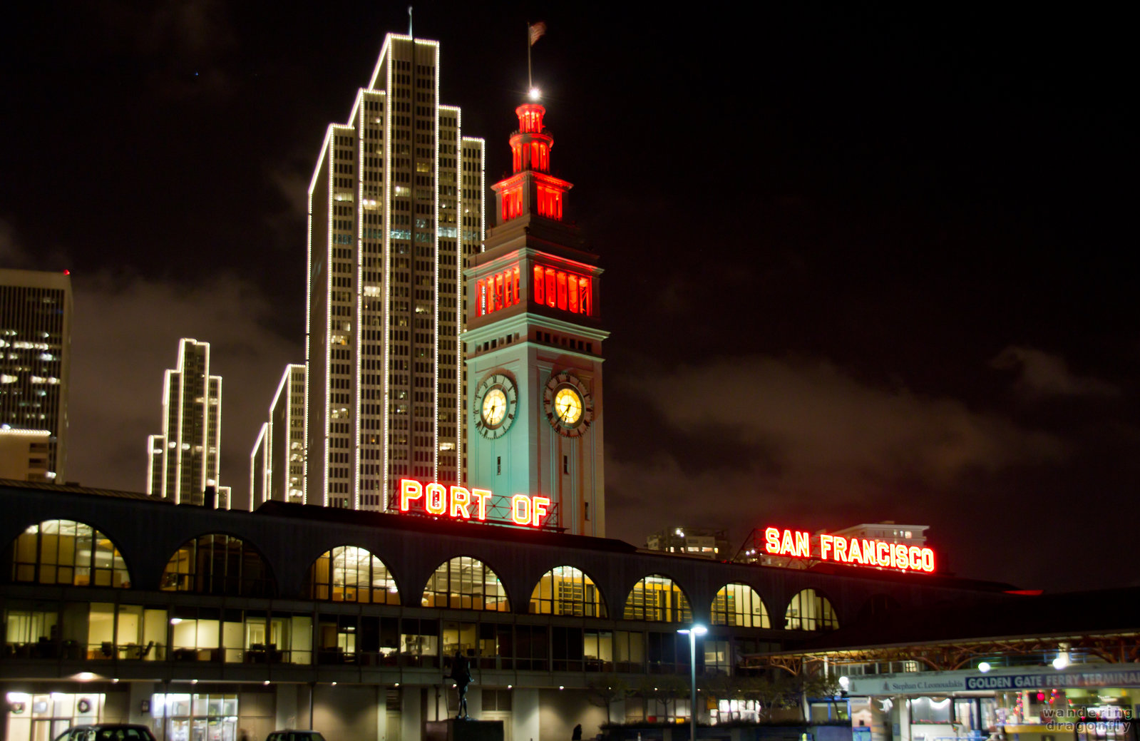 Ferry Building as seen from the Golden Gate Ferry Terminal -- building, lighting, night, pier, skyscraper