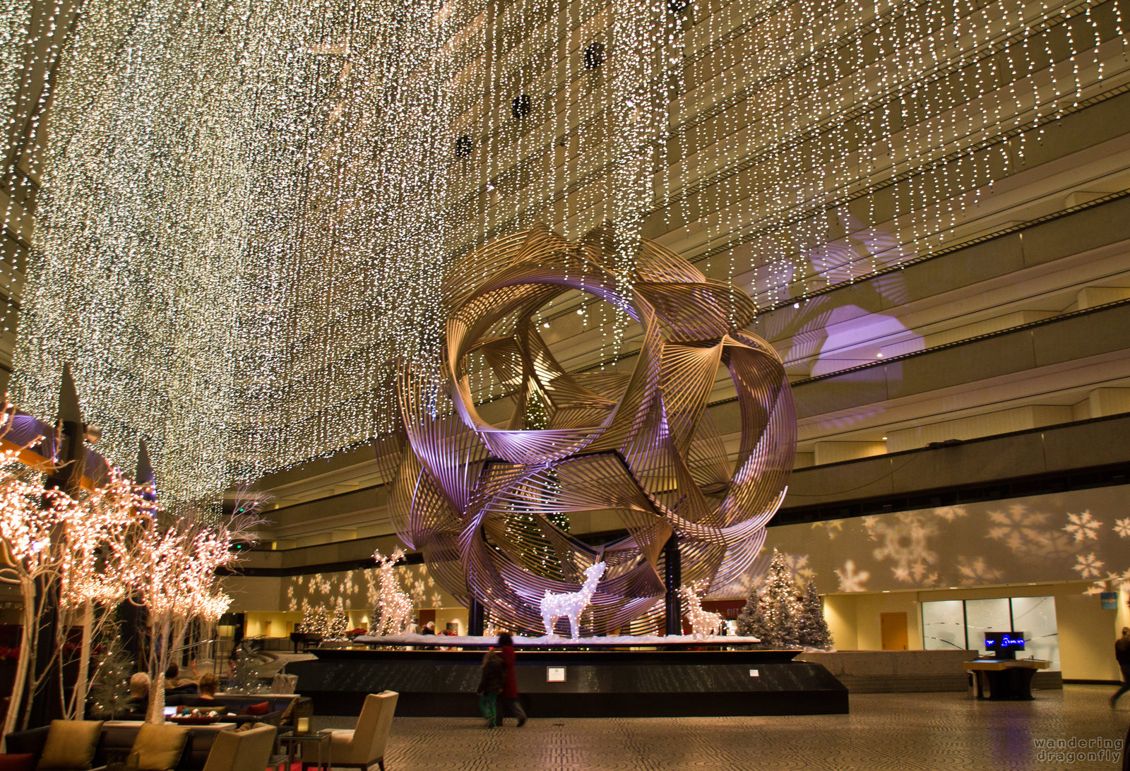 Christmas lights and decoration in the Hyatt Regency's atrium -- building, christmas decoration